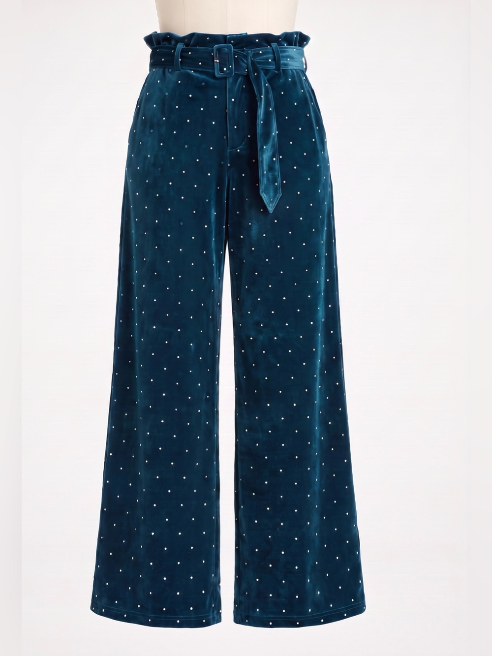 CIDER Velvet Wide Leg Pants High Waist Belted Teal Large Holiday Party Dressy